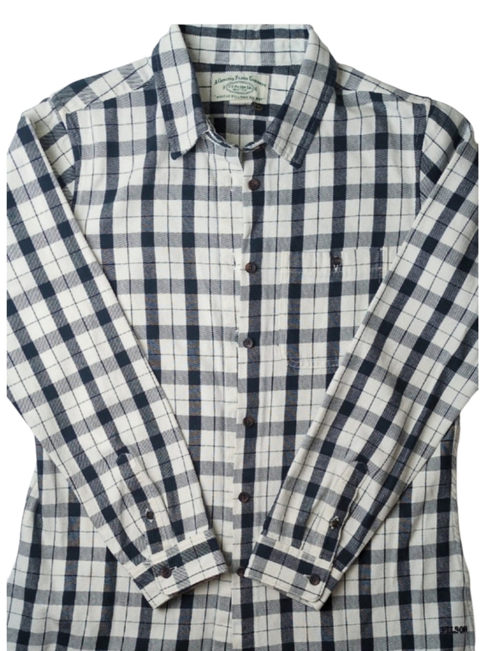 Filson Alaskan Guide Button Down Shirt Cream Black Plaid Women's Large NWOT